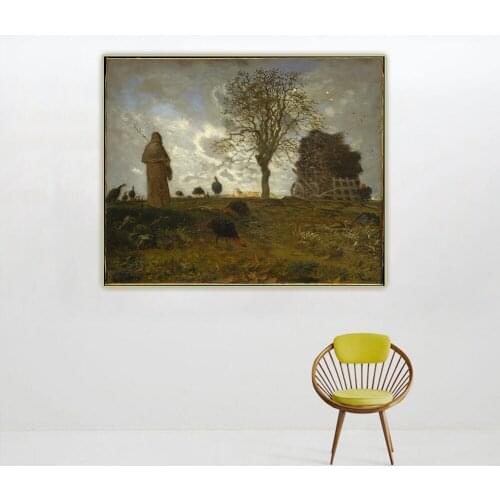 Citon Jean Francois Millet《Autumn Landscape with a Flock of Turkeys》Canvas Art Oil Painting Wall Decor Backdrop Home Decoration