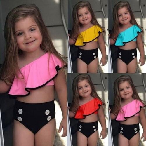 Kids Swimwear Summer Girls Swimsuit Shoulder Ruffles Top Swim Briefs Girls Split Swimsuit Beach kids swimwear