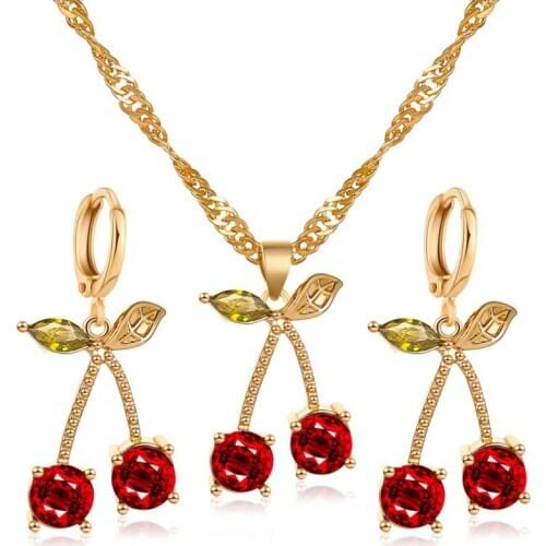 Red Cherry Bling Starry Crystal Dangle Earring Pendant Necklace Charm Copper Delicate Fashion Jewelry Sets For Women