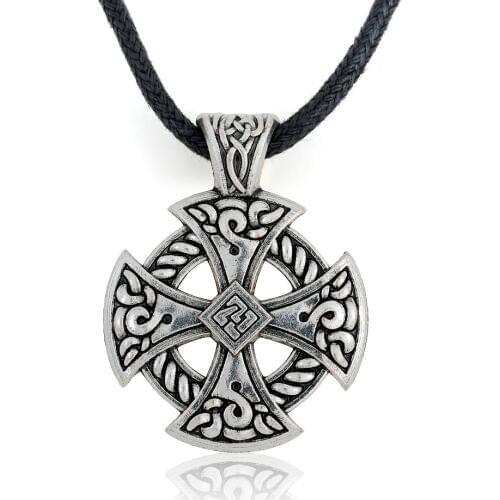My Shape Cross Viking Shield Pendant Necklace Jewelry Tibetan Silvery Solar Cross Knot Religious Christian Irish Druid Leather