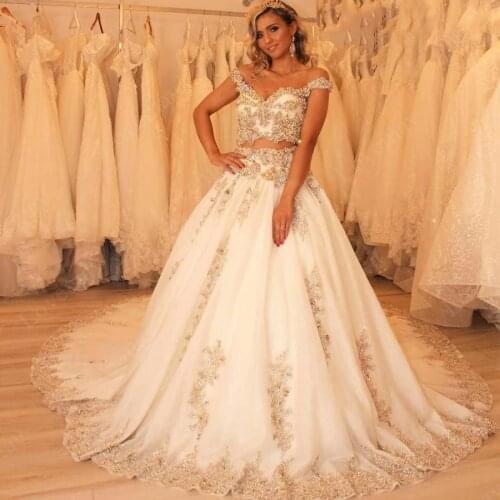 Two Pieces Dubai Muslim Evening Dresses 2021 Off the Shoulder Sweetheart Prom Dresses Formal Party Gowns With Beaded Appliques