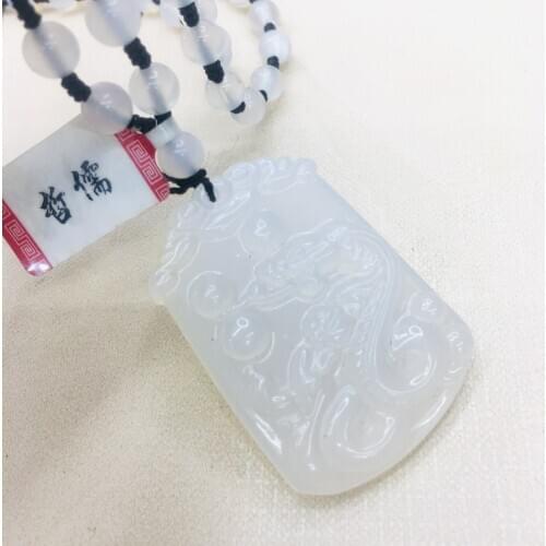 Natural Brazilian Ice Chalcedony Jade Carved White Snake Pendant with Chalcedony Bead Necklace Female Sweater Chain