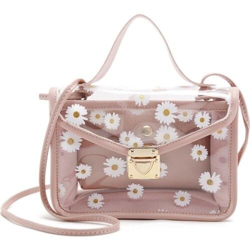 2021 new Fashion Women Transparent Daisy Pattern Shoulder Bag Hardware Chain Strap Color Block Messenger Handbag Composite Tote