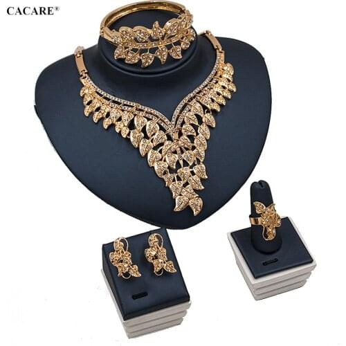 Wholesale Dubai Gold Jewelry Sets Women Big Necklace Earring Set Indian Jewellery 4 Pieces Set F1183 Rhinestone Party Jewels