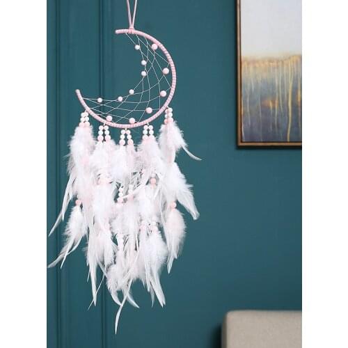 Pink Moon Shape Feather Pendant Simple Style Dream Catcher Ornament Girl Kid Children Art Gift Home Room Garden Decoration