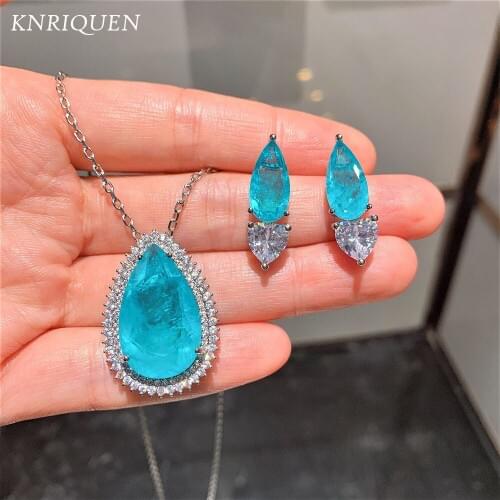 Retro 925 Sterling Silver Wedding Jewelry Sets for Women Blue Stone Paraiba Tourmaline Diamond Drop Earrings Pendant Necklace