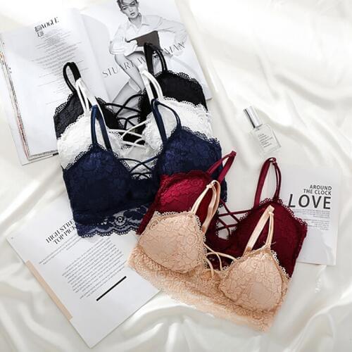 Sexy Women Lace Bra Floral Padded Bralette Bralet Cross Bustier Tow Hook-and-eye Underwear Crop Tops Sexy Bra