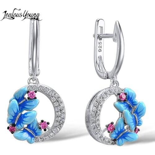Silver Color Earrings for Women Fashion Delicate Charming Blue Butterfly Drop Earrings Trendy Party Jewelry Gift