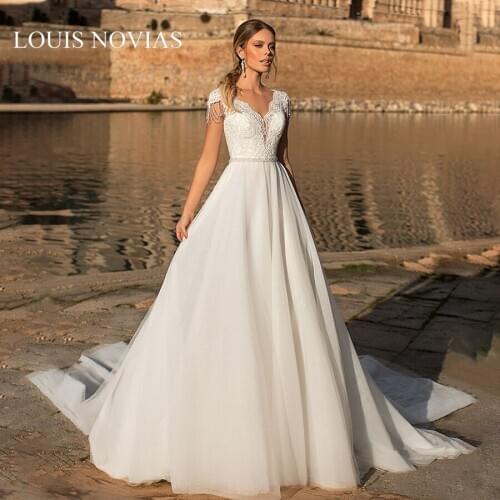 LOUIS NOVIAS Light Wedding Dress Beach Exquisite Embroidery cheap bridal dress Sleeveless Sweep Brush Train Embroidery Backless