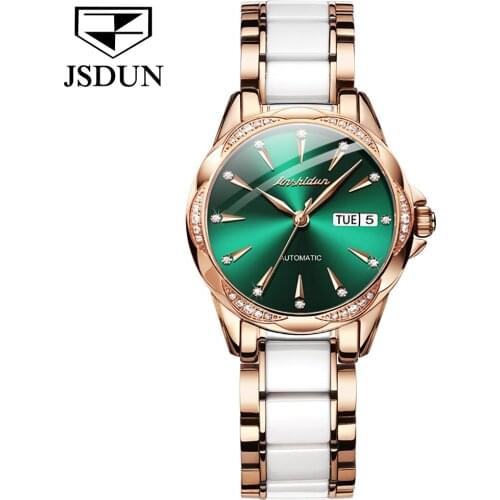 JSDUN Womens Automatic Watch Fashion Luxury Brand Women Mechanical Watch Rose Gold Stainless Steel Ceramics Strap Dress Watches