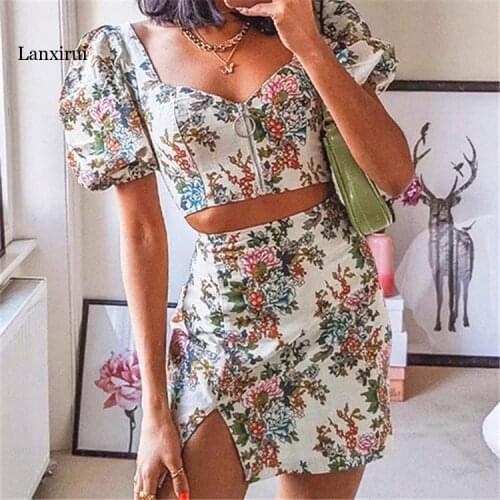 Summer Women Floral Print Puffed Sleeve Crop Top & Skirt Sets Two Piece Set Lace Duff Sleeve Top & Short Sets