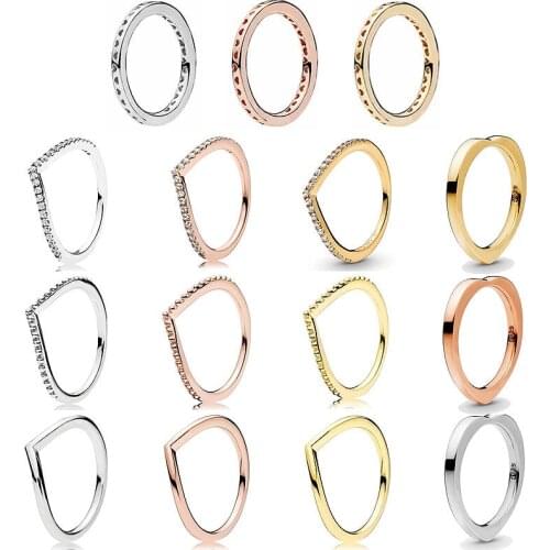 Original Rose Golden Shine Wish Bone Rings Set With Crystal Ring For Women Gift 925 Sterling Silver Ring Europe Jewelry