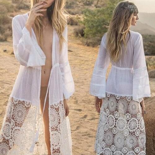 2021 Crochet White Knitted Beach Cover Ups Dress Tunic Long Bikinis Cover ups Pareos Swim Suit Robe Beachwear Beach Blouse