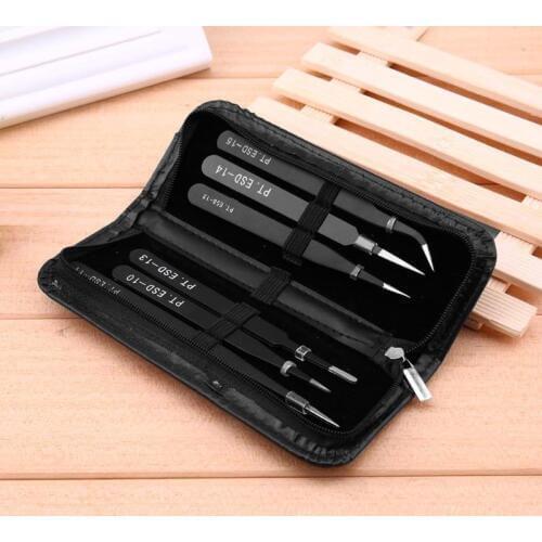 6pcs Stainless Steel Safe Anti-Static Tweezers Set Manicure Tool Soldering Tweezers Tools Set for Soldering Station with Bag