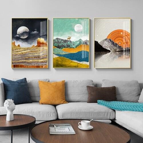 Abstract Luxury Golden Foil Poster Print Forest Sun Deer Canvas Painting for Living Room Cuadro Tableaux Big Wall Art Decoration