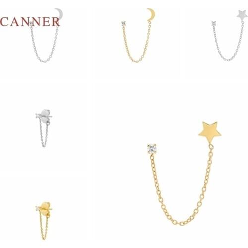 CANNER 1pc 925 Sterling Silver Earrings For Women Chain Tassel Star Moon Simple Stud Earrings Zircon Diamond Jewelry Brincos