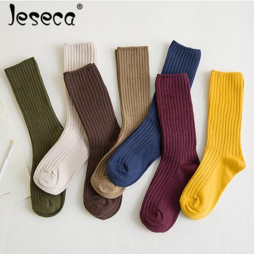 Jeseca New Fashion Women Stockings Cotton Thick Autumn Winter Stockings Free Size Below Knee Girls Student School Long Sox