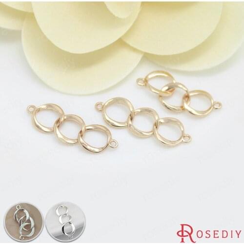 D099)6 pieces 7x24mm 24K Champagne Gold Color Plated Brass 2 holes 3 Rings Connect Charms High Quality Diy Jewelry Accessories