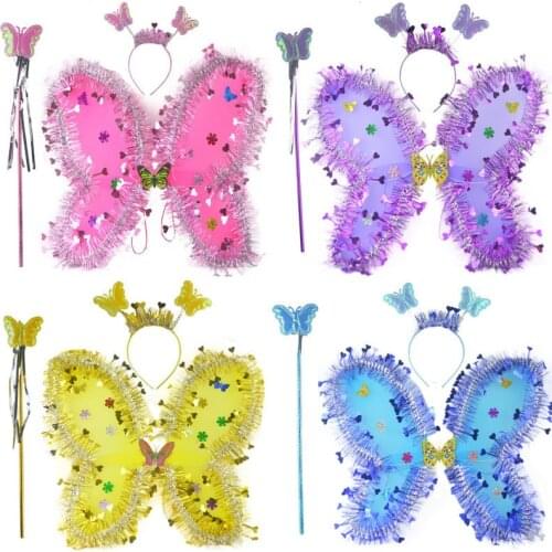Halloween Birthday Masquerade Performance Props Angel Elves Butterfly Gold Wings Children Girls Wing Headband Magic Wand