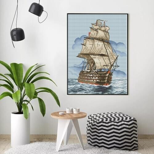 HUACAN Embroidery Sailboat Landscape Kits Cross Stitch Sea Scenery Needlework Sets White Canvas DIY Home Decor 14CT 40x50cm