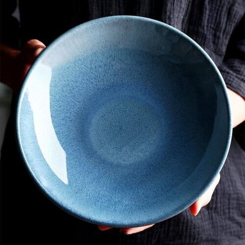 Ceramic bowl kiln glaze blue Japanese 9-inch shallow soup bowl restaurant dish plate western food pasta bowl salad bowl