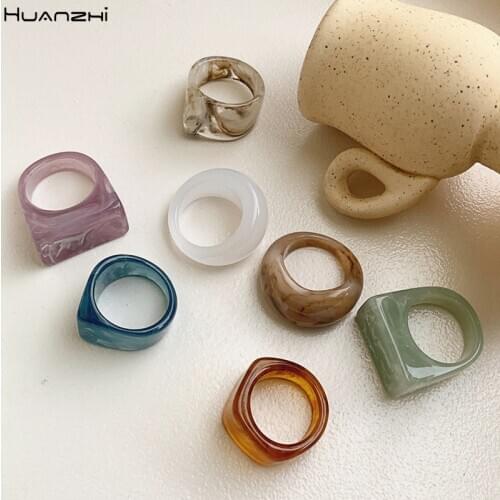 HUANZHI 2021 Minimalist Colorful Resin Acetic Acid Acrylic Ring Retro Irregular Geometric Rings for Women Girl Delicate Jewelry