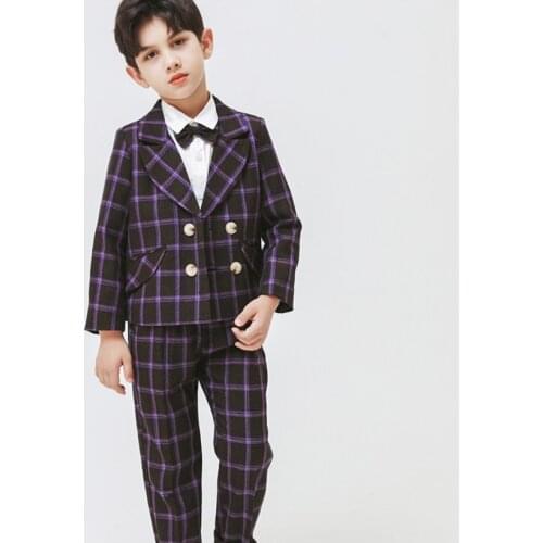 Formal Boys Plaid Jacket +Pants 2PCS Suit for Weddings Children Party Clothes Kids School Costume Gentlemen Teenager Tuxedos Set