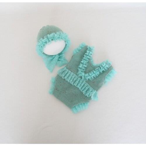 Aqua Lace Romper and Bonnet Set Newborn V-Neck Overalls Knitted Baby Girl Costume Newborn Photo Prop Hat Infant Onesie