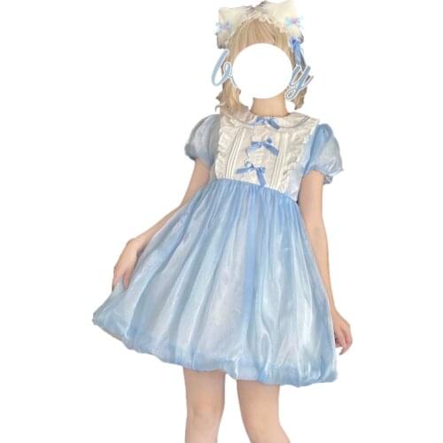 Summer Lolita Cute Tulle Dress Teens Japanese Soft Girl Clothes Sweet Blue Short Sleeve Princess Mesh Maid Anime Cosplay Costume
