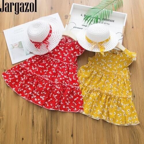 Jargazol Summer Flower Girls Dresses with Hat Sleelveless Princess Costume Little Girl Chiffon Dress Elegant Cute Korean Clothes