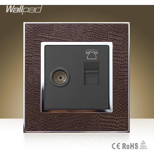 Hot Selling Wallpad Luxury TV RJ11 Socket Goats Brown Leather Cover Television Telephone Jack Wall Socket Free Shipping