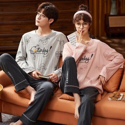 Sweet Pink Womens Pajamas Kawaii Cartoon Letter Plus Size Cotton Autumn Winter Korean Couple 2-Piece Set Home Suits Sleepwear