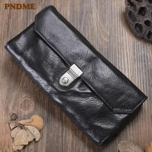 Fashion casual natural genuine leather mens long clutch wallet vintage designer first layer cowhide women lock phone coin purse