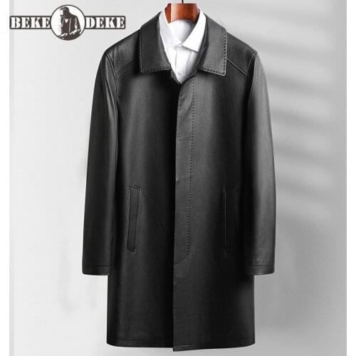 Business Men Long Genuine Leather Jacket 100% Cow Leather Windbreaker Trench Coat Winter Thick Down Lining Overcoat Outerwear