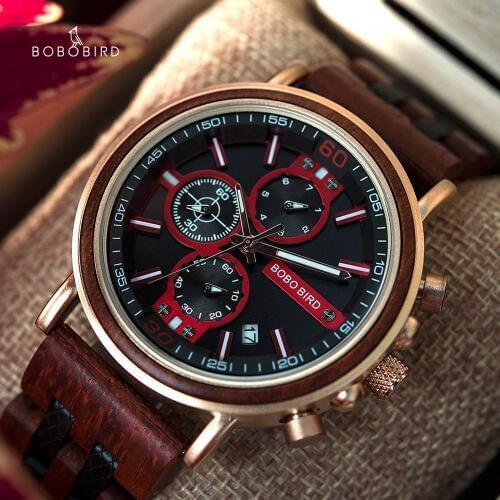 BOBOBIRD Male Watch Wooden Cool Bright red Mens Business Quartz Wristwatch relojes para hombre In Gift Box Dropshipping