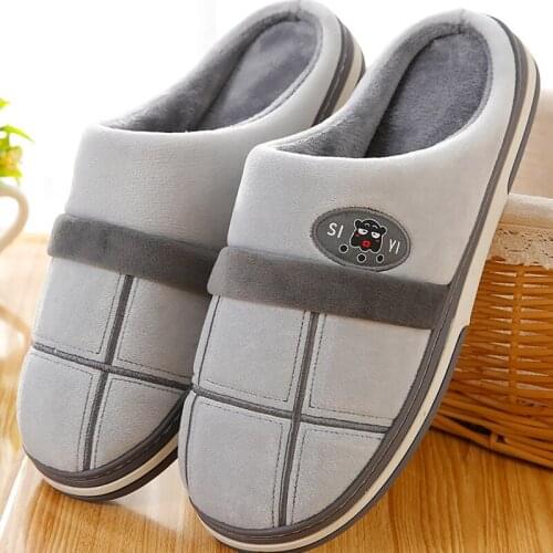 Men Slippers Winter Big Size 50 Gingham Warm Fur Slippers for male Antiskid Suede Short Plush House shoes men Home slides
