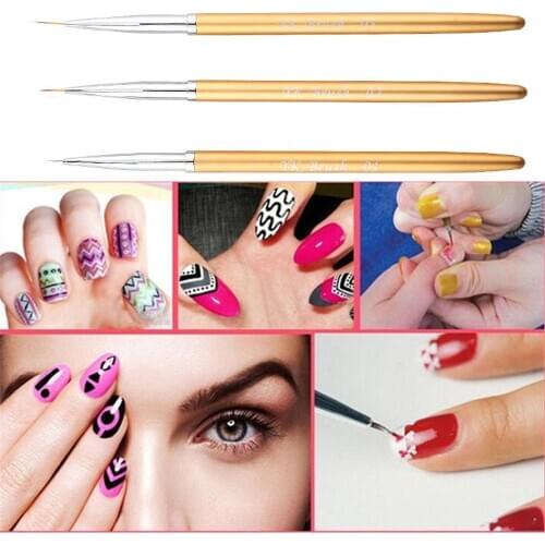 3pcs Nail Art Lines Painting Pen Brush Set Gel Polish Tips Flower 3d Design Manicure Pedicure Professional Drawing Tool Kit Gold