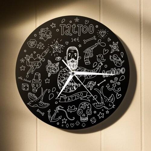 Wall Sign Tattoo Salon Mute Wall Clock Tattoo Studio Inspiration Symbols Watch Tattoo Machine Wall Art Decor Hipster Men Gift