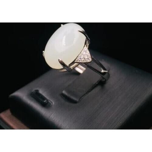 Original Design Natural Hetian White Jade A Oval Inlaid 925 Silver Rings For Women Fine Jewelry