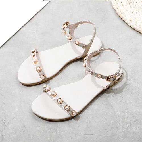 QZYERAI Summer New Arrival Girls Sandals Genuine Leather Fashion Pearl Womens Shoes Real Cowhide Sandals Size 34-46