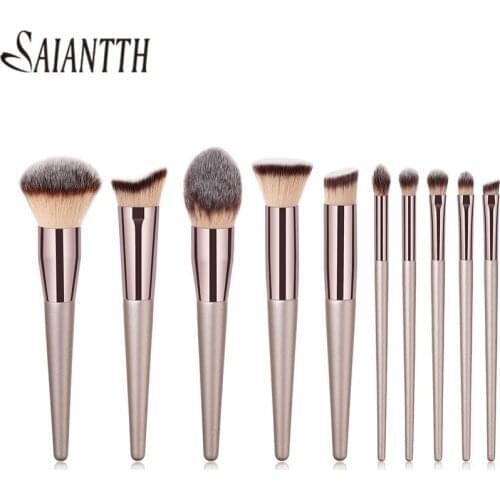 SAIANTTH 10pcs Champagne makeup brushes set cosmetic foundation powder blush eyeshadow kabuki blending make up beauty profession