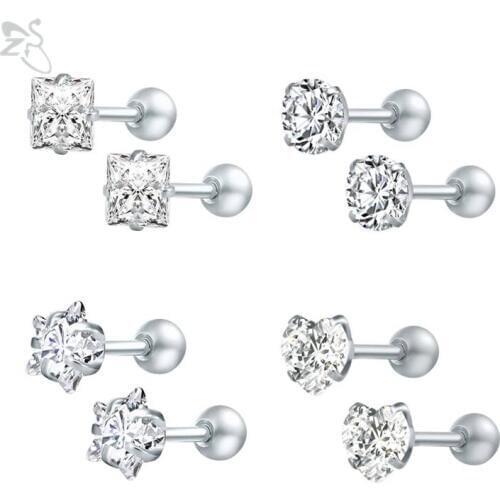 ZS 4pairs/lot Round Crystals Stud Earrings Stainless Steel Heart Earrings for Women Push Metal Children Earrings pendiente mujer