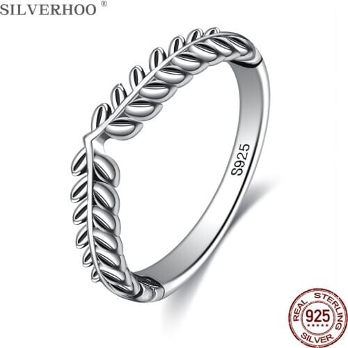 SILVERHOO Genuine 925 Sterling Silver Rings For Women Classic Stackable Vintage Lucky Leaf Finger Ring Anniversary Jewelry Gift