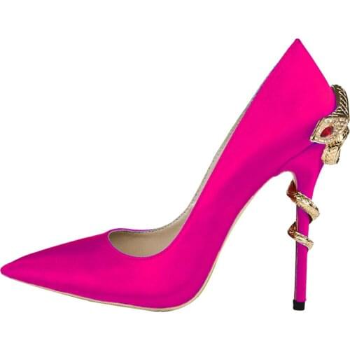 Fuchsia Ginger Royal Blue Silk Snake Twined Decor High Heel Pumps Women Pointed Toe Metal Snake Decoration Heels Wedding Shoes