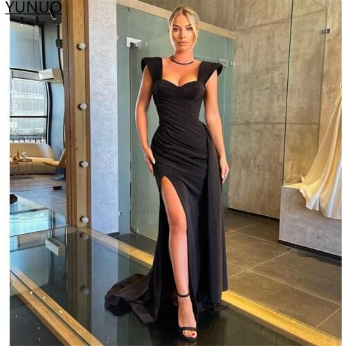 YUNUO Elegant Black Formal Evening Dresses Sweetheart Cap Sleeves robe de soirée de mariage Side Slit Long Prom Dress with Train