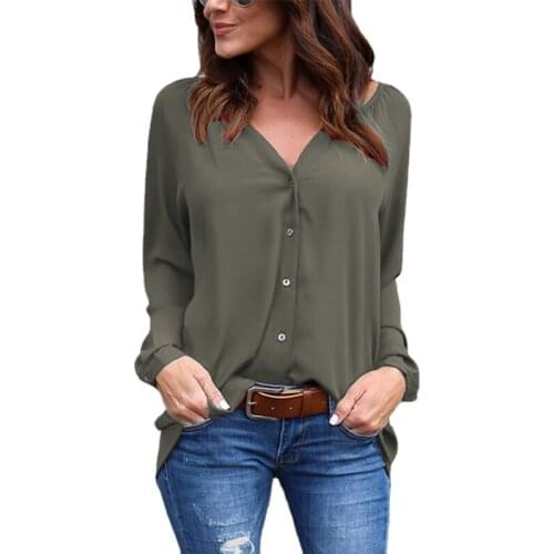 Women Blouse V-collar Pleated Buttoned Long Sleeve Loose Chiffon Shirt Solid White Pink Gray Office Ladies Blouse Plus Size Tops