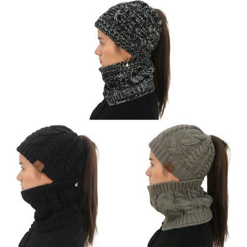 Fashion Ponytail Beanie Hat Women Hat Scarf Set for Girl Stretch Knitted Crochet Beanies Winter Womens Cap Lady Messy Bun