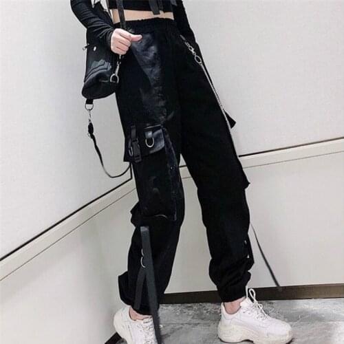 Womens Cargo Pants Elastic Waist Buckle Ribbon Pocket Jogger High Streetwear Harajuku Pant Punk Ring Chain Females Trousers