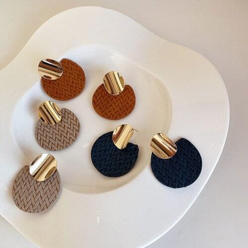 French Coffee Navy Blue Khaki Leather Earrings for Women Gold Metal Round Geometrical Drop Dangle Earrings Minimalist Jewelry