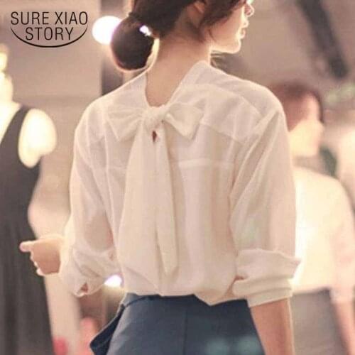 Wome Long Sleeve Back Bow V-neck Chic Sweet Shirts Early Spring Korean Style Tops Solid White Chiffon Blouse Blusas Femme 11571